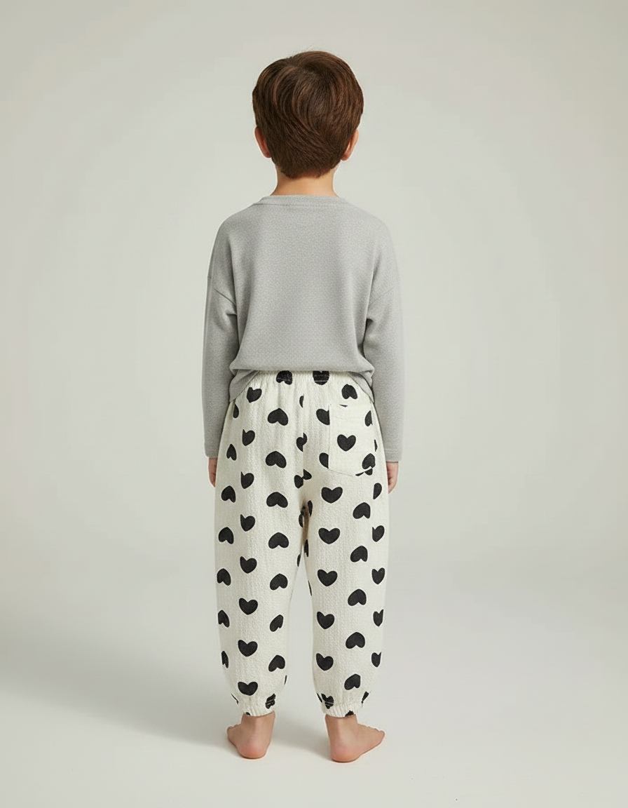 Pantalon Fluide Écru Cœurs Noirs Ample Léger Enfant - Imprimé Coton - vue 2