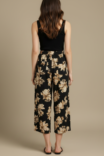 Pantalon Fluide Noir Fleuri Ample Décontracté Court - Imprimé Viscose - vue 2