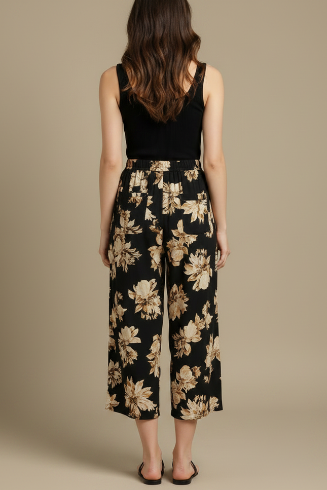 Pantalon Fluide Noir Fleuri Ample Décontracté Court - Imprimé Viscose - vue 2