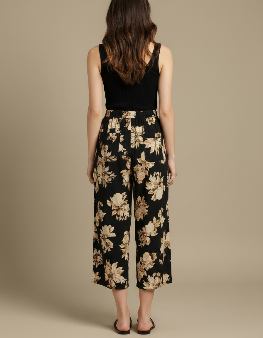 Pantalon Fluide Noir Fleuri Ample Décontracté Court - Imprimé Viscose - vue 2