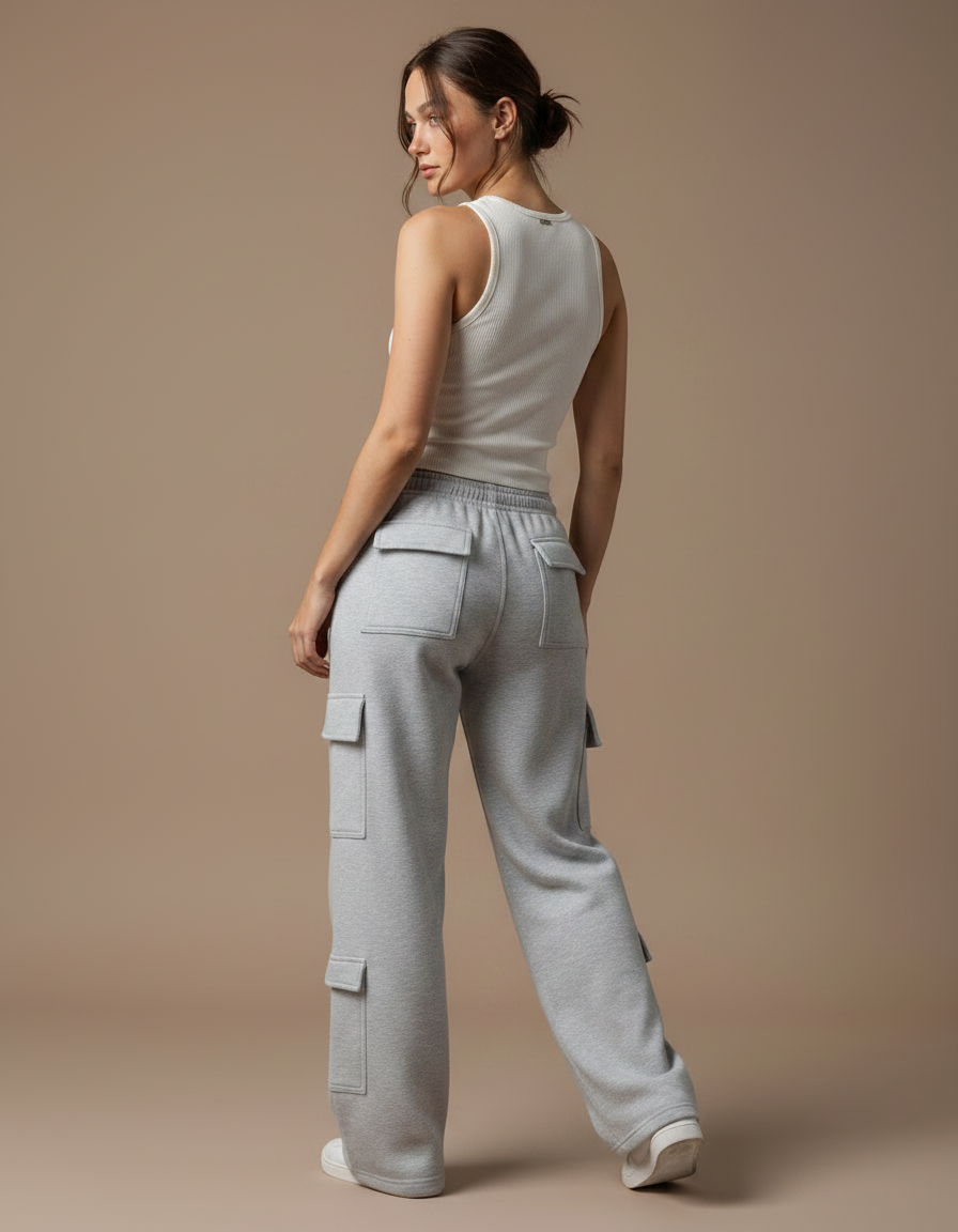Pantalon Fluide Gris Ample Cargo Décontracté Femme - Molleton - vue 2