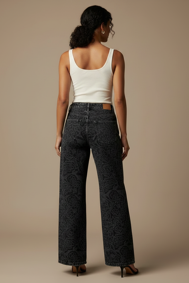 Pantalon Fluide Noir Imprimé Paisley Pailleté Large Femme - Jean - vue 2
