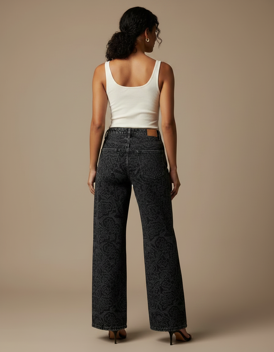 Pantalon Fluide Noir Imprimé Paisley Pailleté Large Femme - Jean - vue 2
