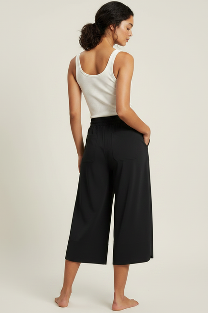 Pantalon Fluide Noir Ample Décontracté Cordon Sportif Léger - Polyester - vue 2