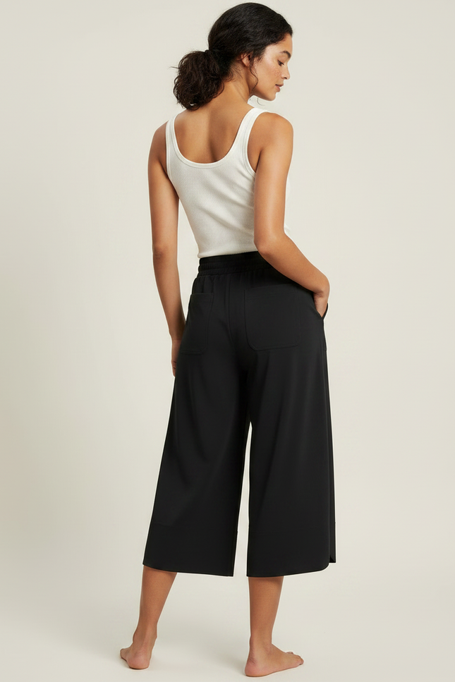 Pantalon Fluide Noir Ample Décontracté Cordon Sportif Léger - Polyester - vue 2