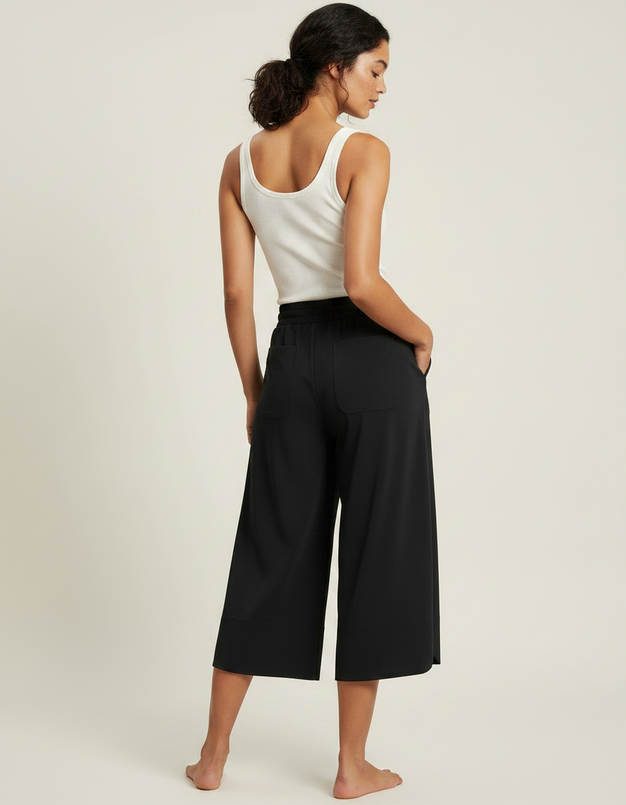 Pantalon Fluide Noir Ample Décontracté Cordon Sportif Léger - Polyester - vue 2