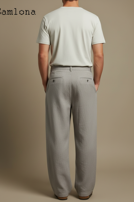 Pantalon Fluide Gris Ample Plissé Lin Décontracté Homme - vue 2