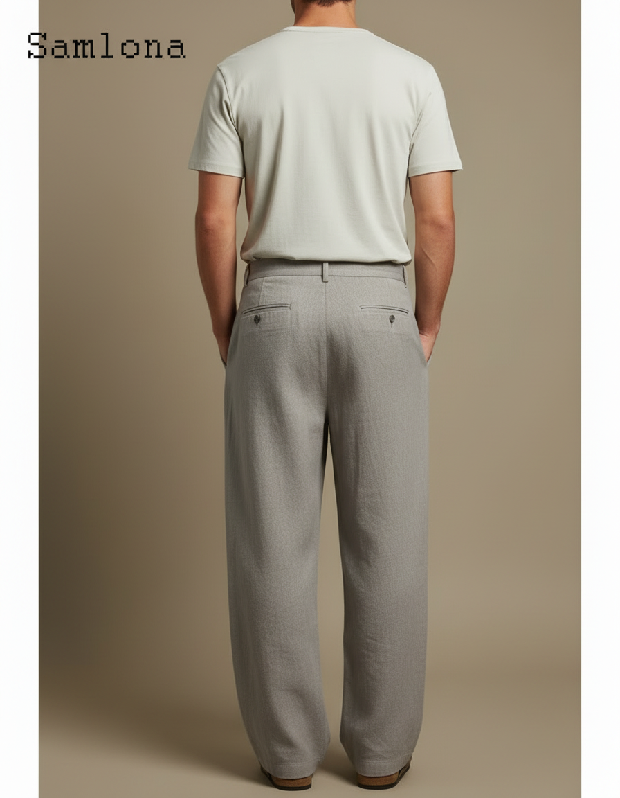 Pantalon Fluide Gris Ample Plissé Lin Décontracté Homme - vue 2