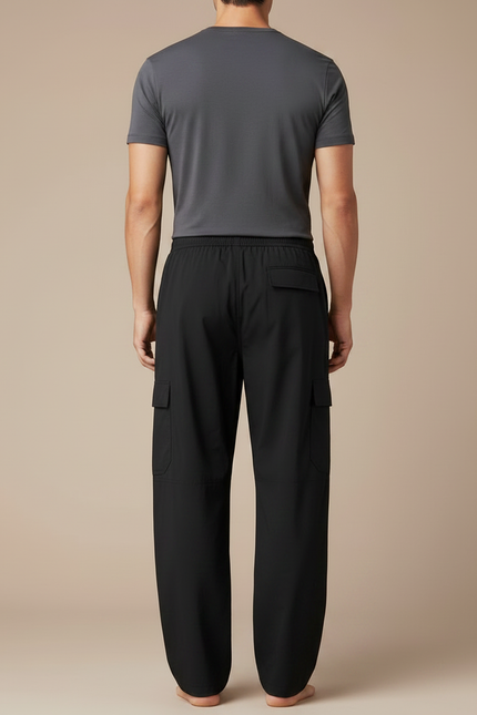 Pantalon Fluide Noir Ample Cargo Décontracté Coton - vue 2