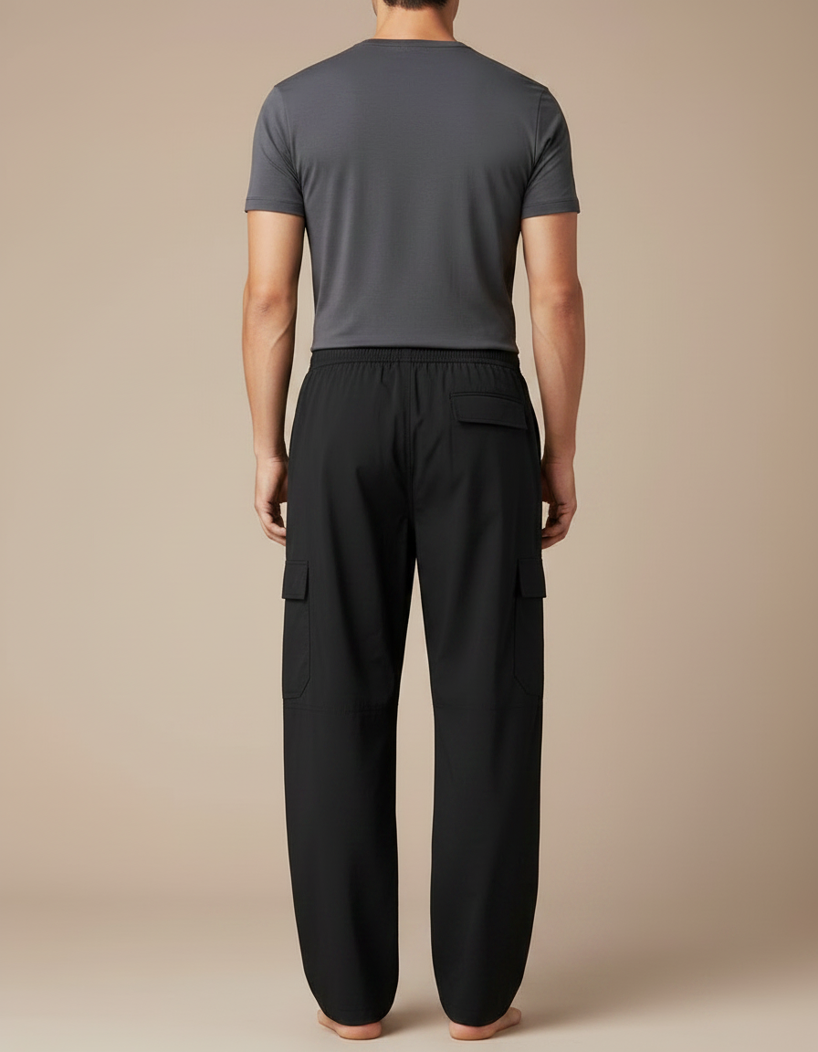 Pantalon Fluide Noir Ample Cargo Décontracté Coton - vue 2