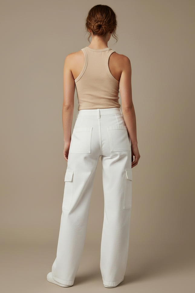 Pantalon Fluide Cargo Blanc Ample Taille Haute Femme - Toile - vue 2