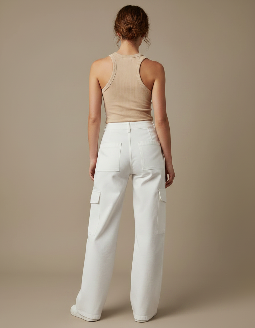 Pantalon Fluide Cargo Blanc Ample Taille Haute Femme - Toile - vue 2