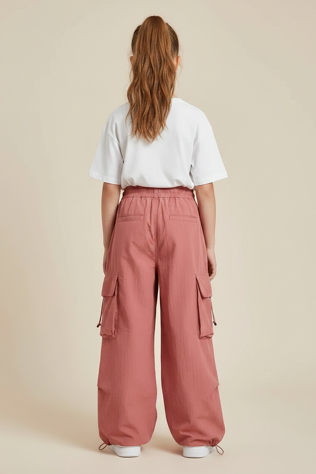 Pantalon Fluide Rose Cargo Ample Fille Décontracté - Polyester - vue 2