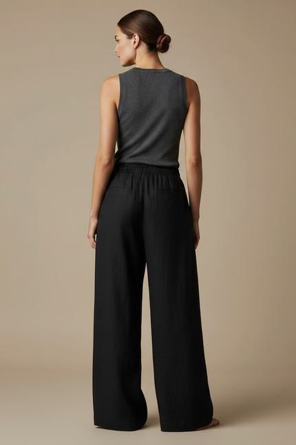 Pantalon Fluide Noir Ample Lin Cordon Femme - vue 2