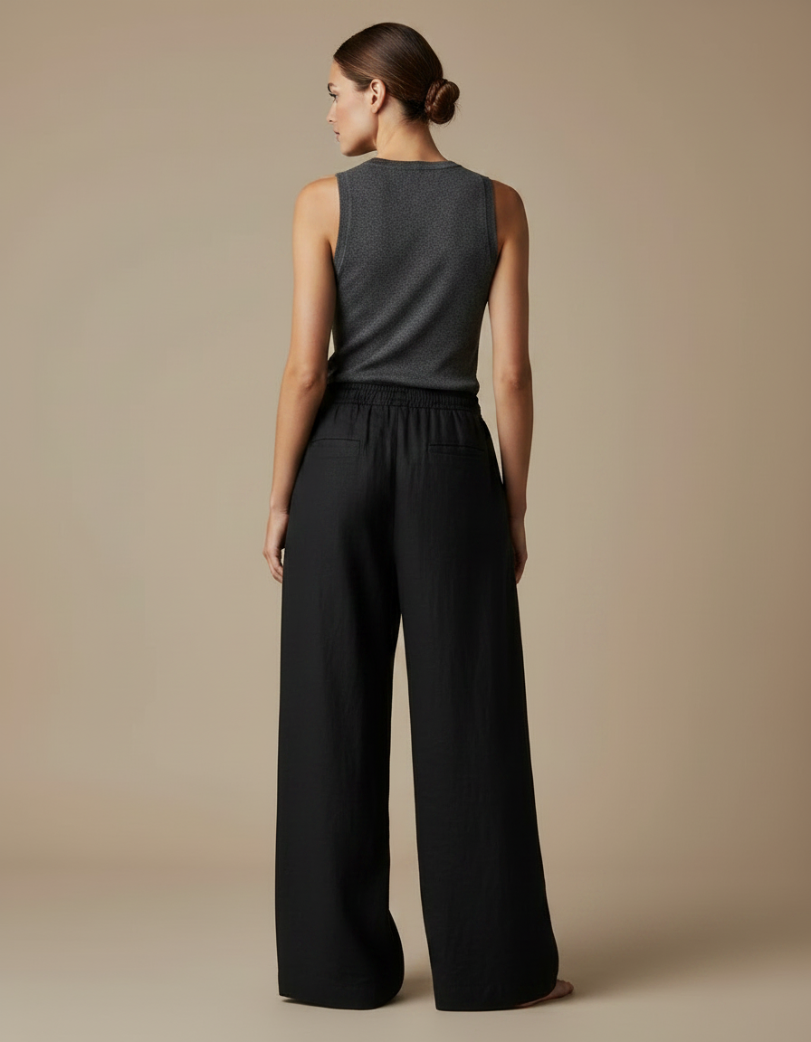 Pantalon Fluide Noir Ample Lin Cordon Femme - vue 2