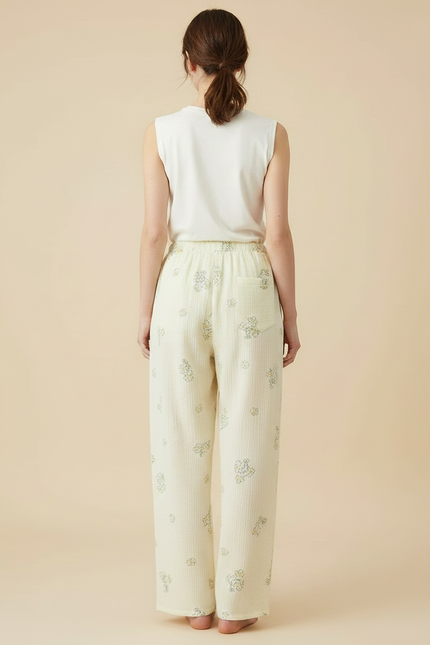 Pantalon Fluide Écru Fleuri Coton Ample Décontracté - Jaune - vue 2