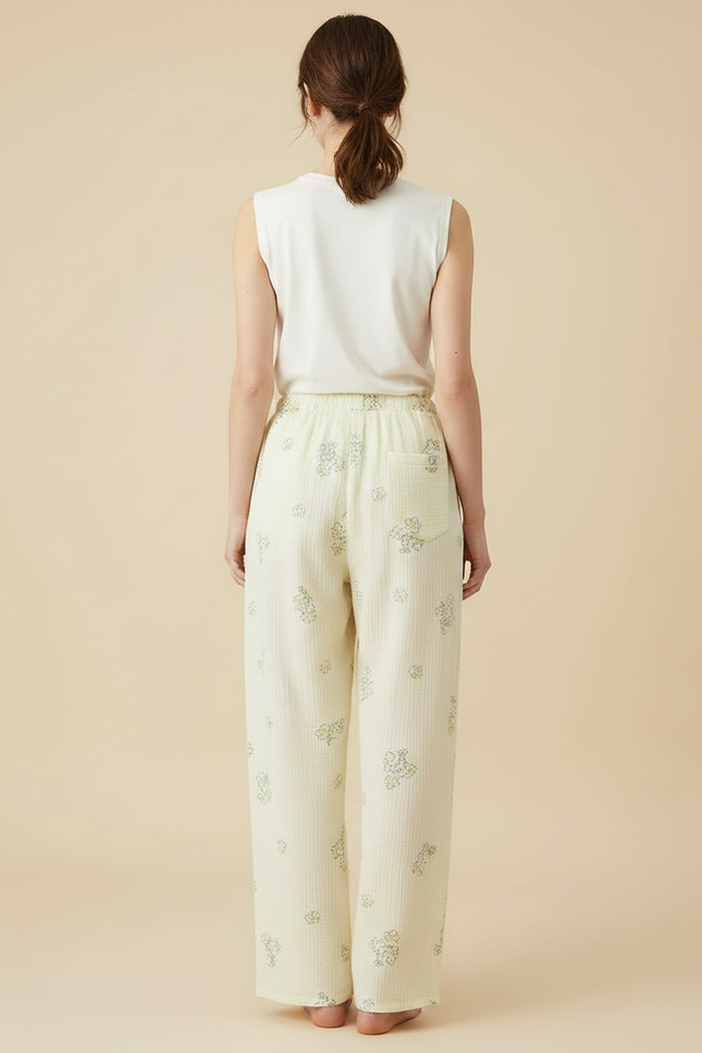 Pantalon Fluide Écru Fleuri Coton Ample Décontracté - Jaune - vue 2