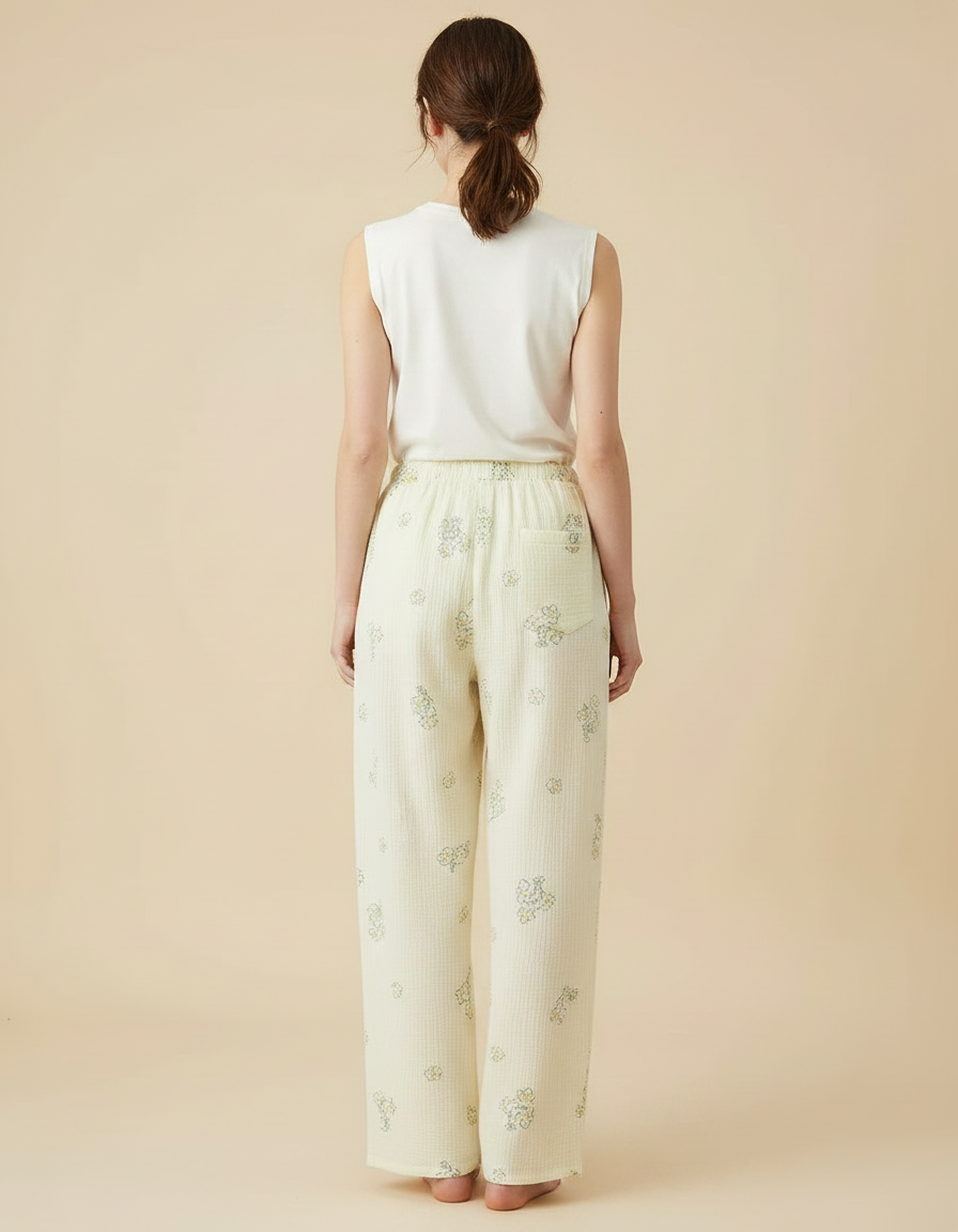 Pantalon Fluide Écru Fleuri Coton Ample Décontracté - Jaune - vue 2