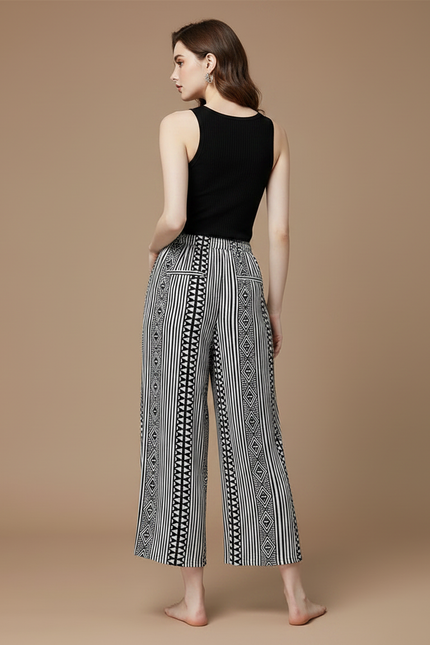 Pantalon Fluide Noir Blanc Ethnique Ample Cordon - Imprimé Viscose - vue 2