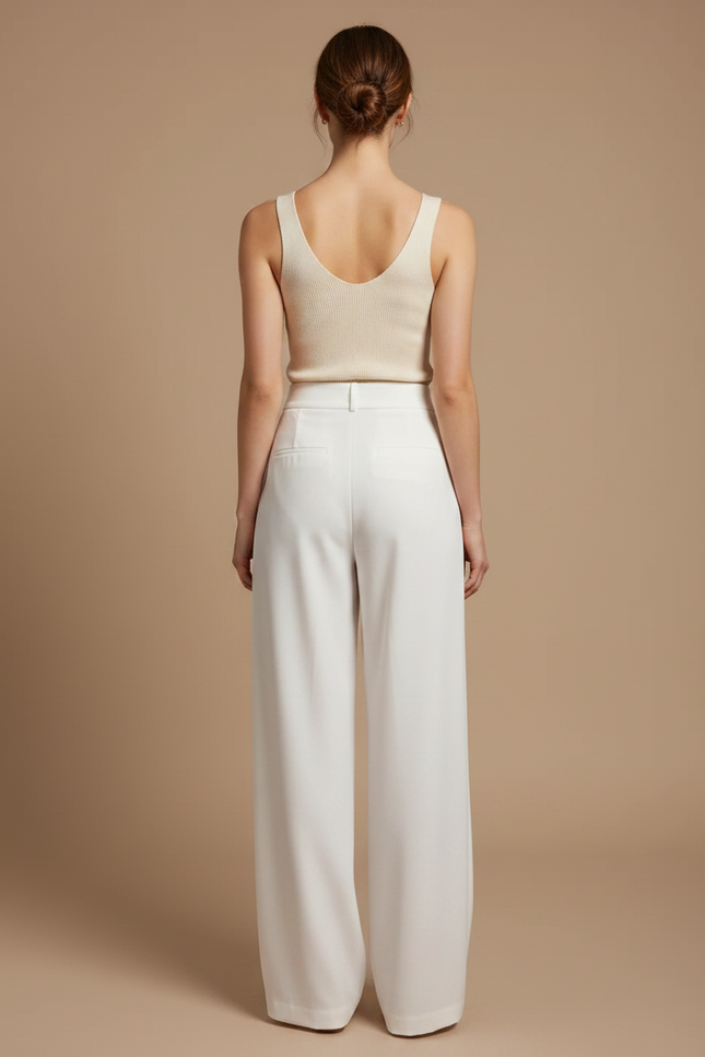 Pantalon Fluide Blanc Ample Taille Haute Élégant - Polyester - vue 2