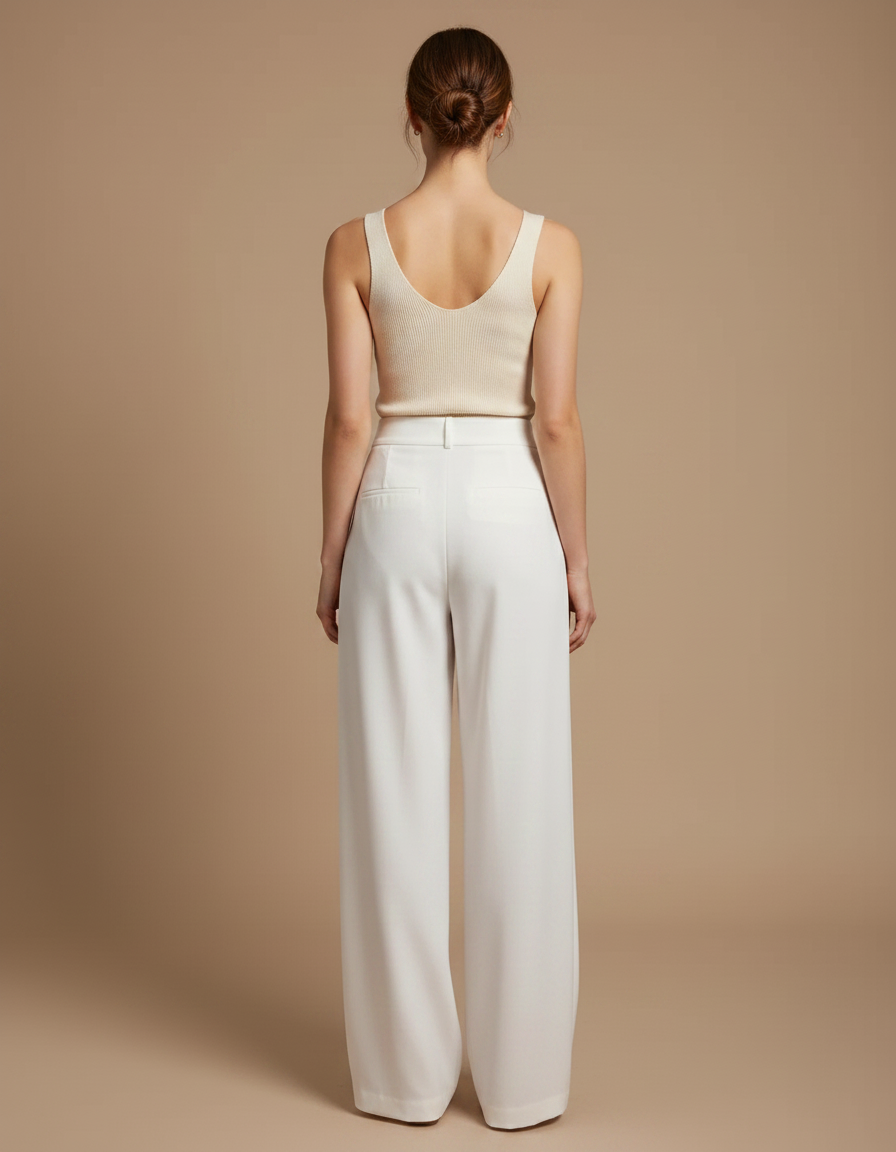 Pantalon Fluide Blanc Ample Taille Haute Élégant - Polyester - vue 2
