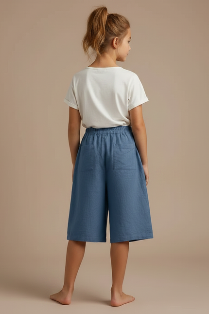Pantalon Fluide Bleu Coton Lin Ample Décontracté Enfant - vue 2