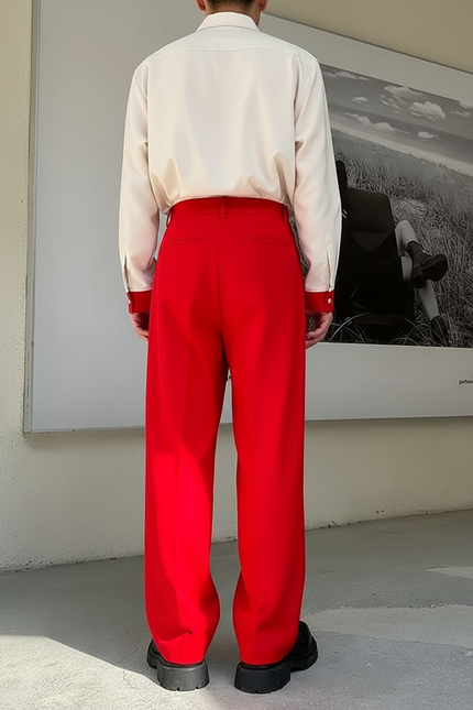 Pantalon Fluide Rouge Plissé Ample Élégant Homme - Polyester