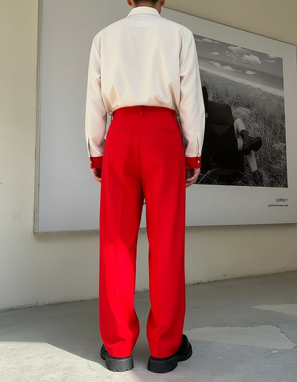 Pantalon Fluide Rouge Plissé Ample Élégant Homme - Polyester