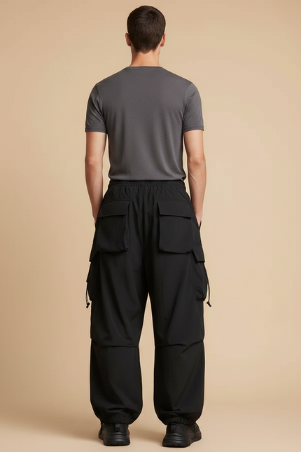 Pantalon Fluide Noir Ample Cargo Décontracté Homme - Polyester - vue 2