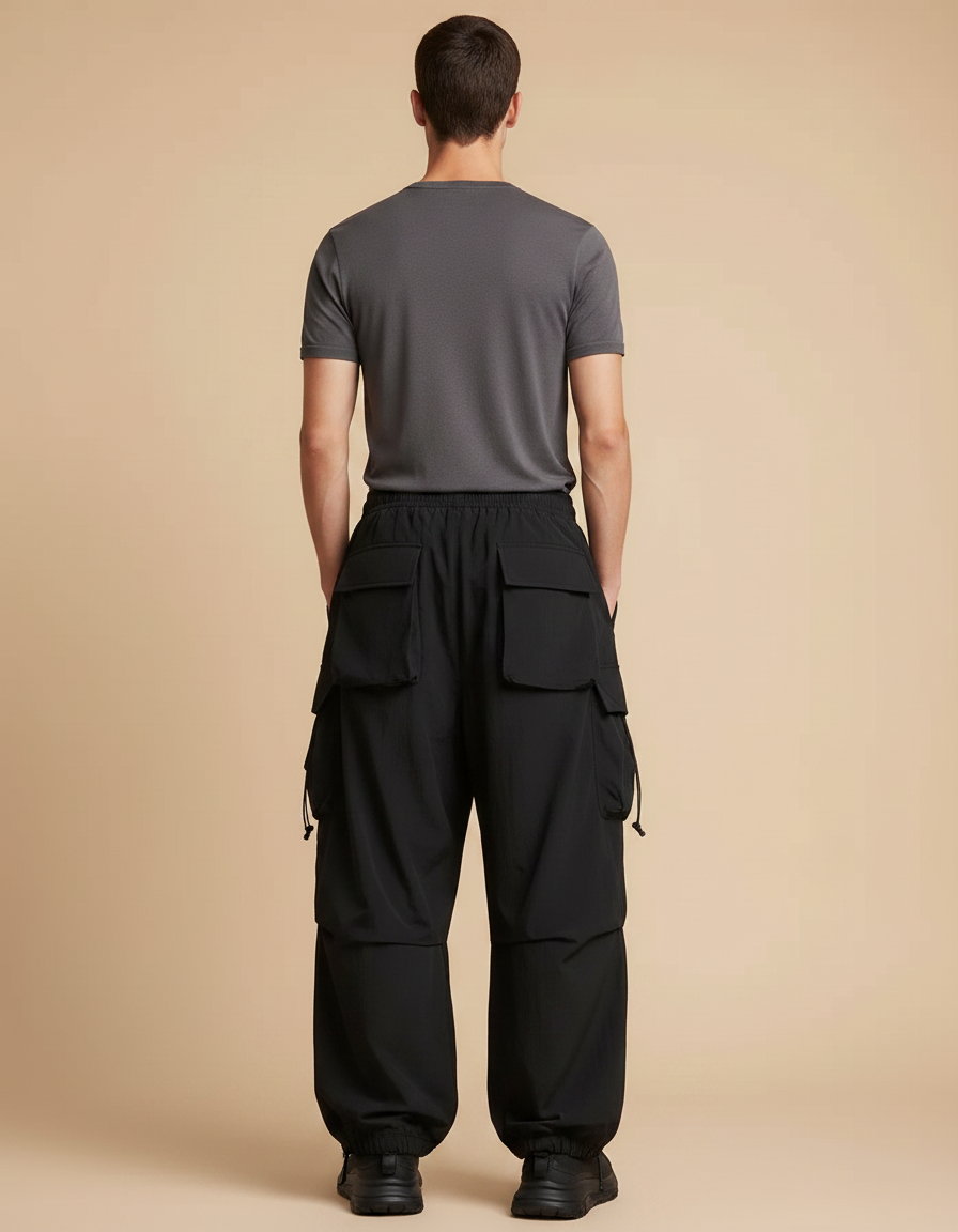 Pantalon Fluide Noir Ample Cargo Décontracté Homme - Polyester - vue 2