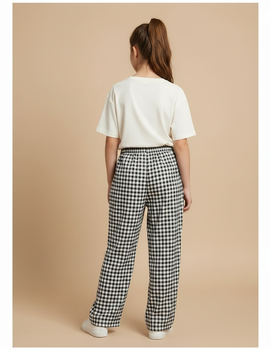Pantalon Fluide Carreaux Noir Blanc Ample Confortable Fille - Multicolore Viscose - vue 2