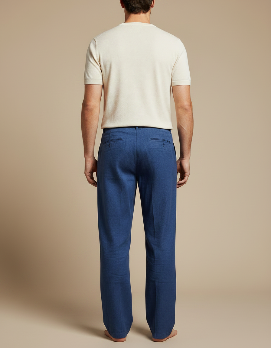 Pantalon Fluide Bleu Droit Coton Lin Décontracté Homme - vue 2