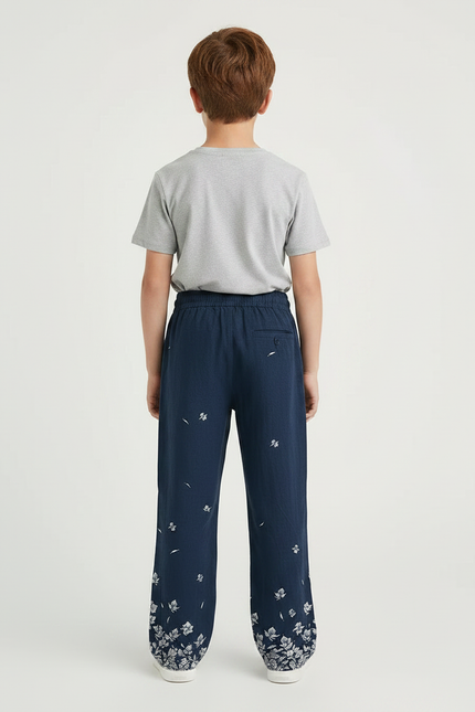 Pantalon Fluide Bleu Marine, Ample, Imprimé Floral, Confortable - Lin - vue 2