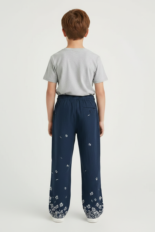 Pantalon Fluide Bleu Marine, Ample, Imprimé Floral, Confortable - Lin - vue 2