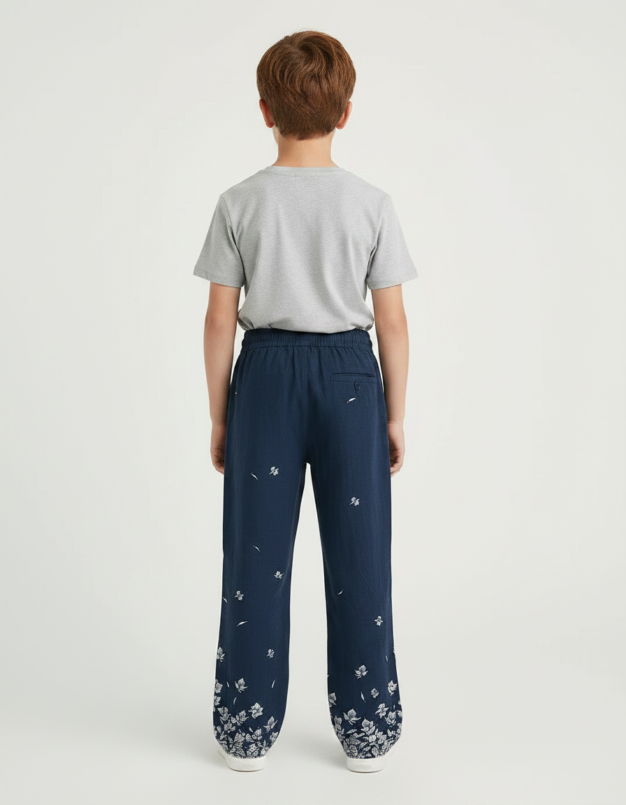 Pantalon Fluide Bleu Marine, Ample, Imprimé Floral, Confortable - Lin - vue 2