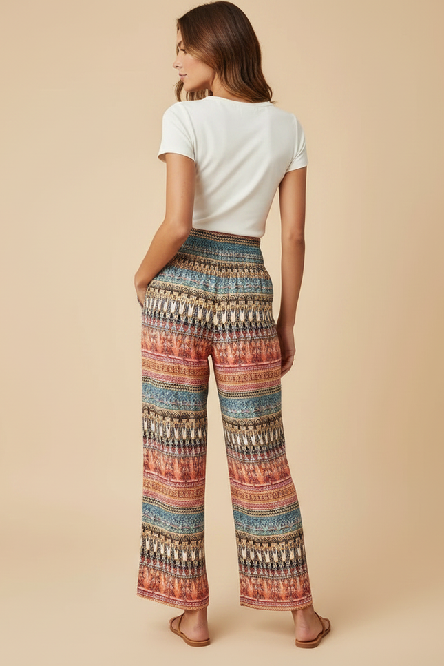Pantalon Fluide Ethnique Taille Haute Ample Bohème Imprimé - Multicolore Viscose - vue 2