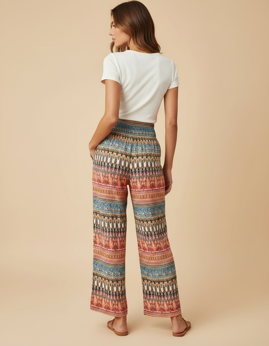 Pantalon Fluide Ethnique Taille Haute Ample Bohème Imprimé - Multicolore Viscose - vue 2