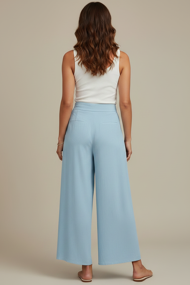 Pantalon Fluide Bleu Ciel Ample Fendu Ceinturé Décontracté - Lin - vue 2