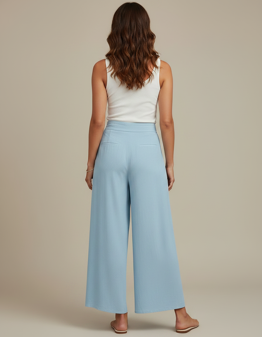 Pantalon Fluide Bleu Ciel Ample Fendu Ceinturé Décontracté - Lin - vue 2