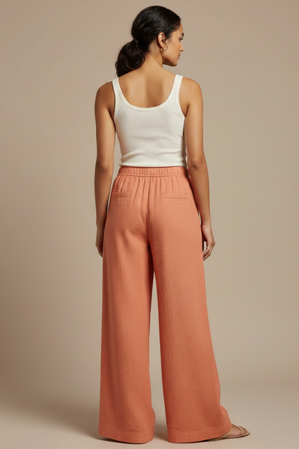 Pantalon Fluide Orange Ample Lin Taille Élastiquée - vue 2
