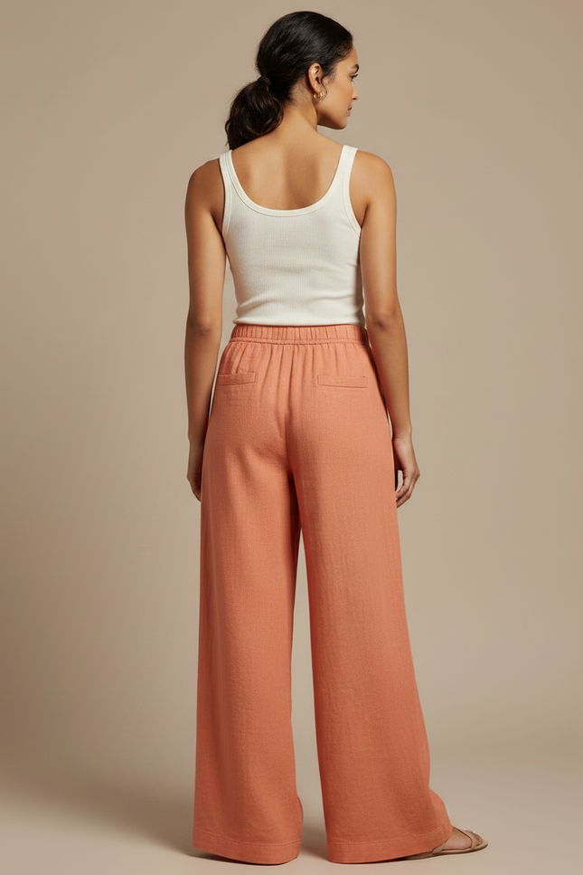 Pantalon Fluide Orange Ample Lin Taille Élastiquée - vue 2
