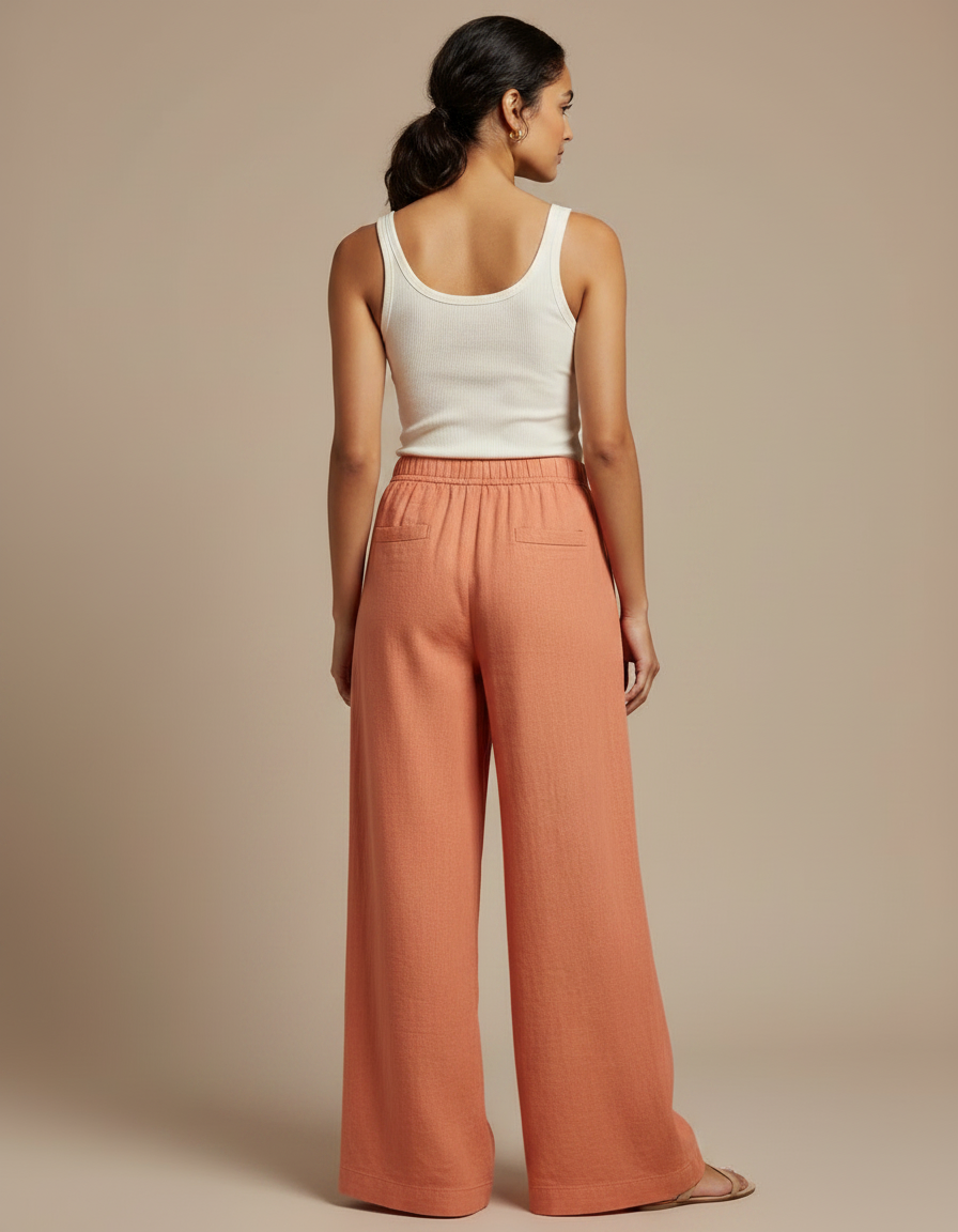 Pantalon Fluide Orange Ample Lin Taille Élastiquée - vue 2