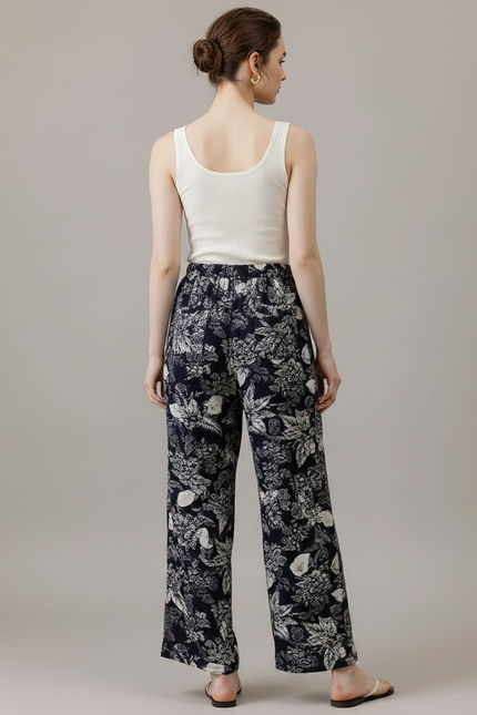 Pantalon Fluide Imprimé Floral Bleu Marine Ample Cordon - Viscose - vue 2