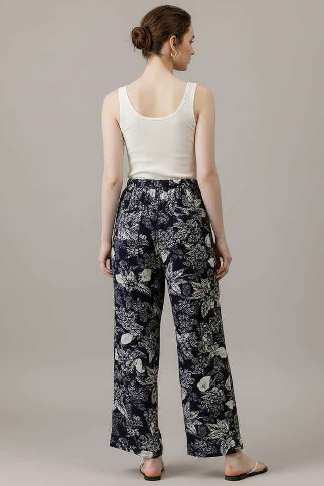Pantalon Fluide Imprimé Floral Bleu Marine Ample Cordon - Viscose - vue 2