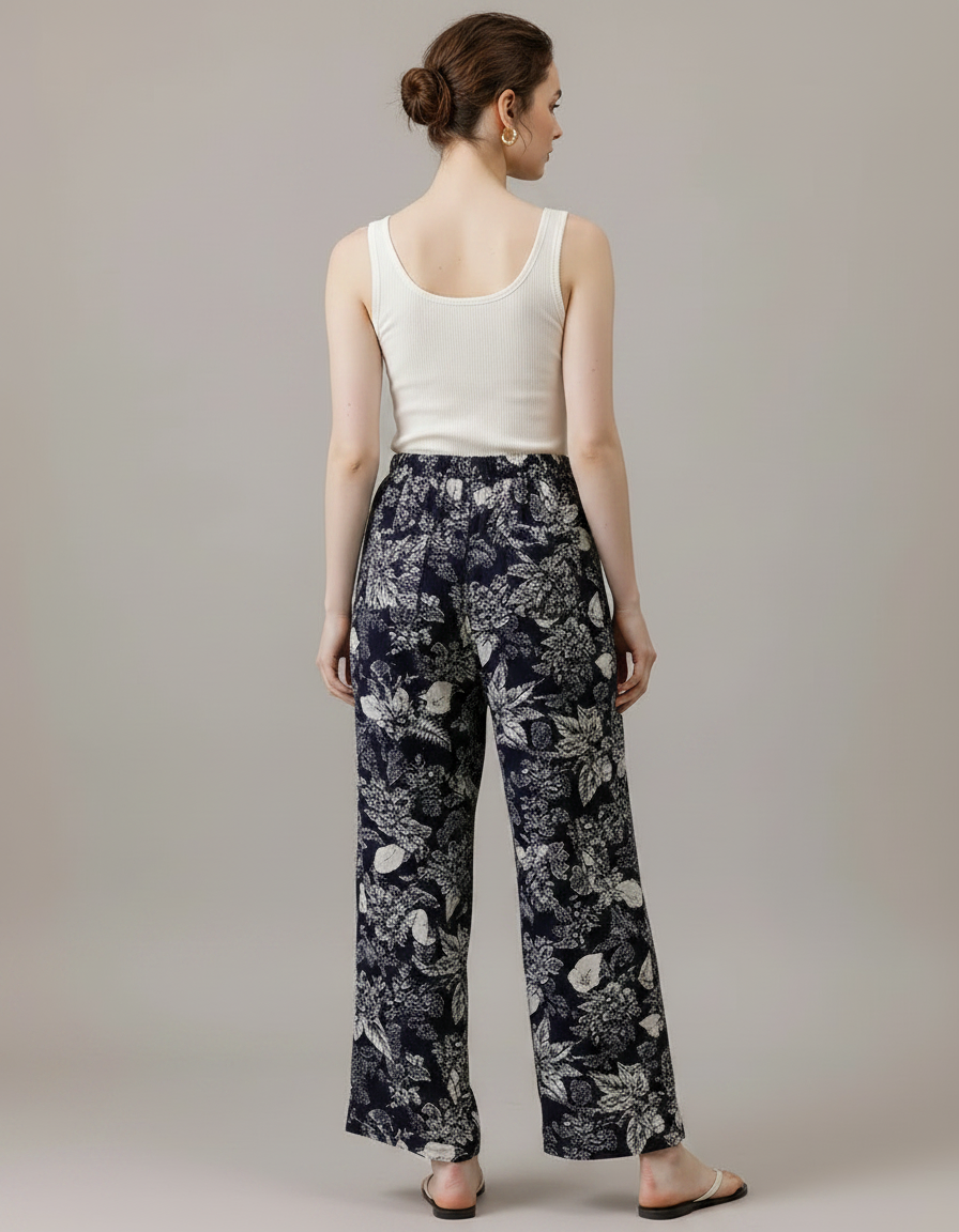 Pantalon Fluide Imprimé Floral Bleu Marine Ample Cordon - Viscose - vue 2