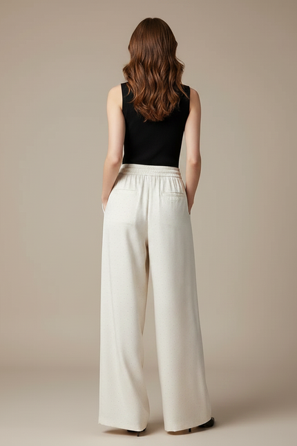 Pantalon Fluide Écru Ample Satiné Points Élégant - Beige - vue 2