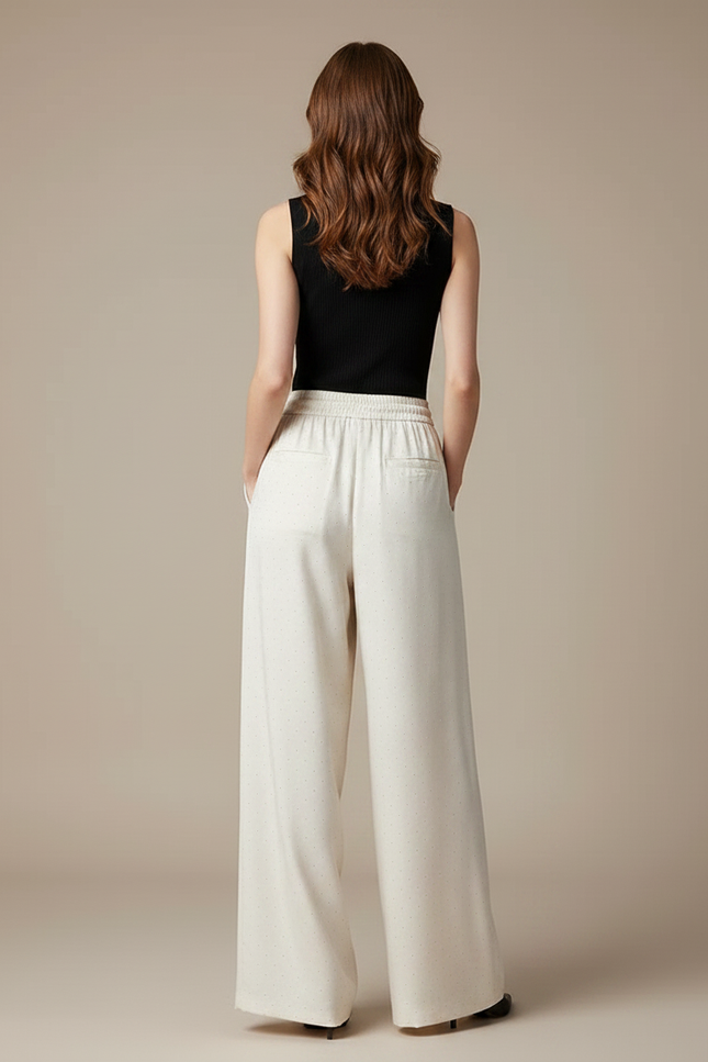Pantalon Fluide Écru Ample Satiné Points Élégant - Beige - vue 2