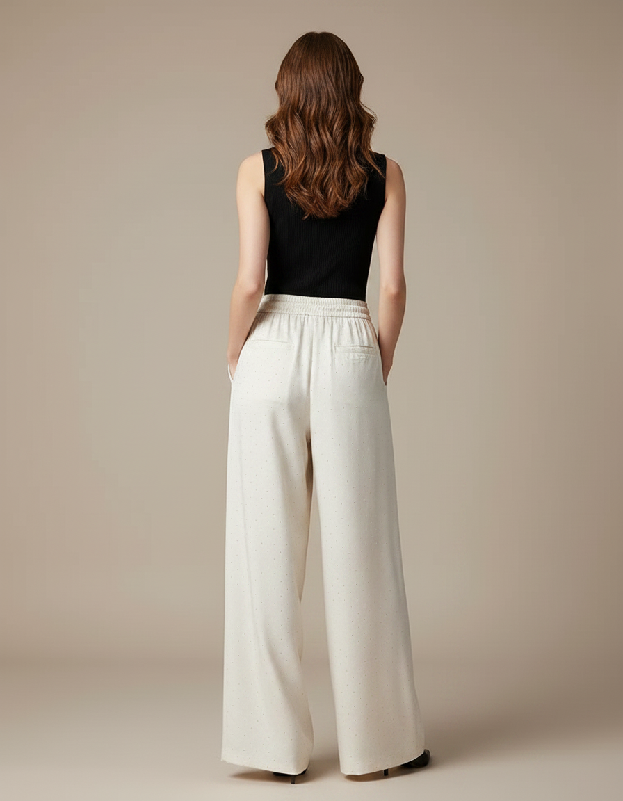 Pantalon Fluide Écru Ample Satiné Points Élégant - Beige - vue 2