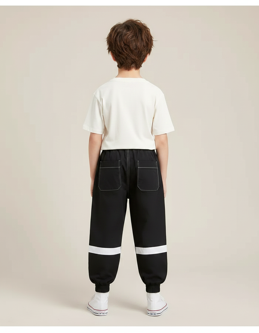 Pantalon Fluide Noir Ample Cargo Bandes Blanches - Polyester - vue 2