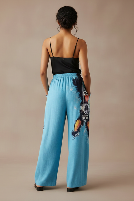 Pantalon Fluide Bleu Ample Imprimé Chiens Coloré Décontracté - Viscose - vue 2